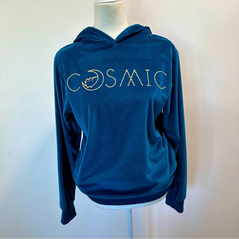 Pusheen Lazy Cat Cosmic Blue Velour Hoodie Sweatshirt w/ Pockets Womens Size S